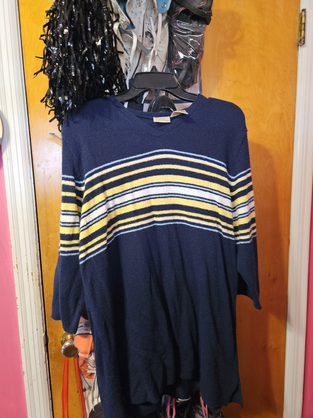 Bobbie Brooks Navy V-Neck Sweater with Yellow and White Stripes